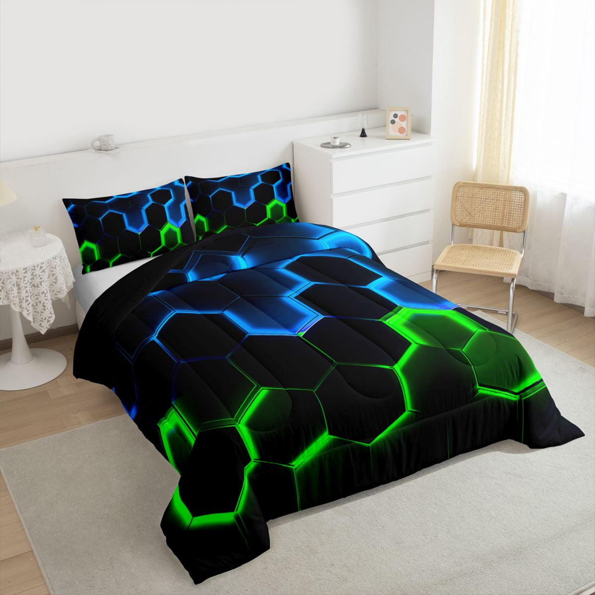 Honeycomb Bedding Comforter Set Twin Size,Geometry Hexagon Theme with Green Blue Neon Lights Quilt Set,Boys Teen Man Chic Creative Home Bedding Set Duvet Insert,Black
