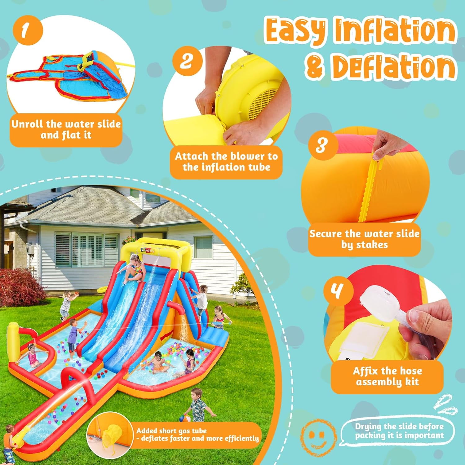Veeboto Inflatable Water Slide with 620W Blower, Bounce House for Big Kids with Slide, Pool, Shower Area, Climbing Wall, Water Cannon, Basketball Frames, Inflatable Dual Slide for Outdoor & Indoor