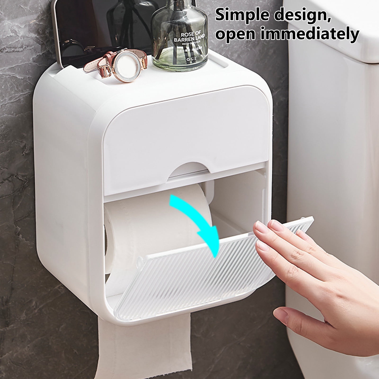 Allsumhome Paper Towel Toilet Shelf Extractor Paper Roll Holder Placement Box Restroom Storage No Punch Holes