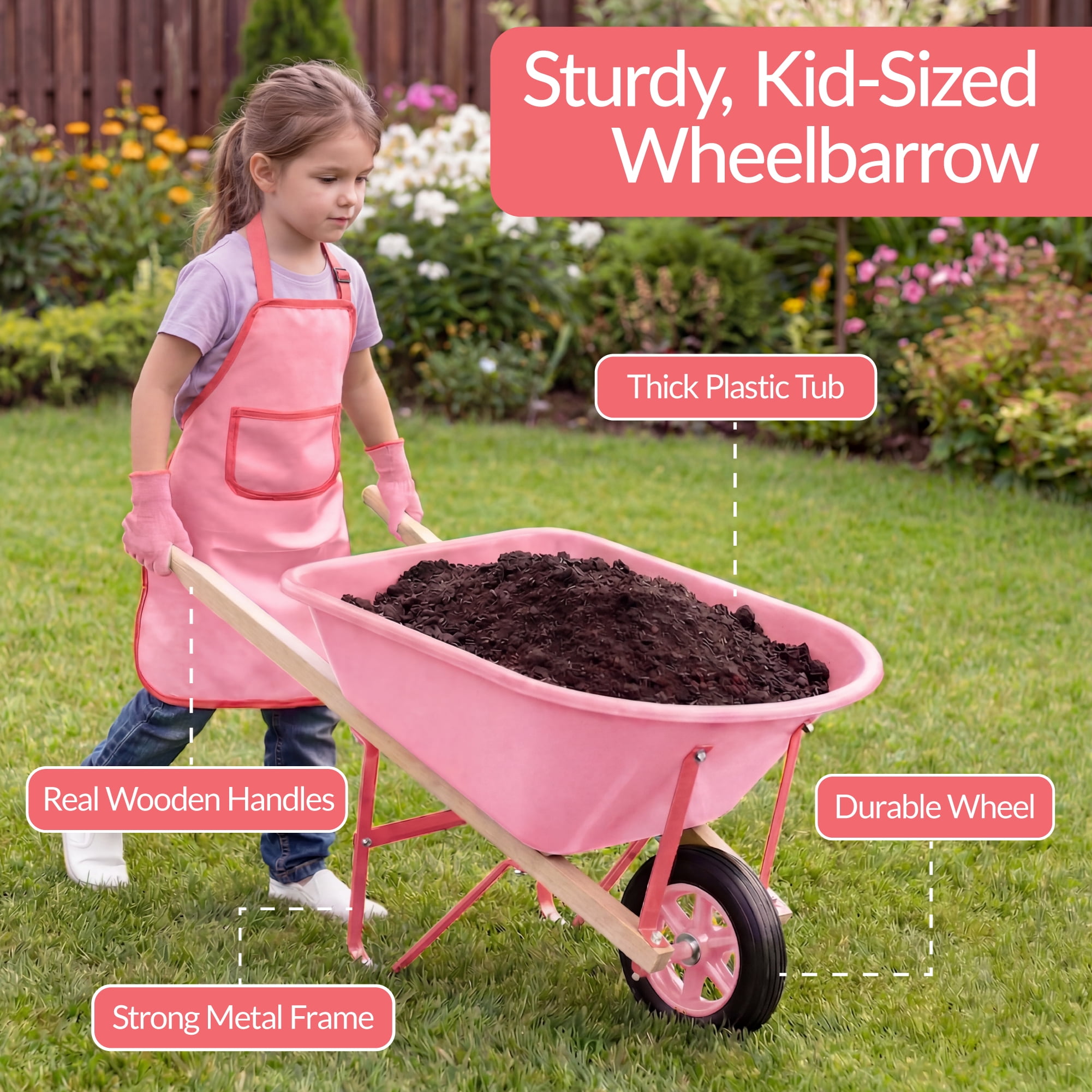 Best Choice Products Kids Wheelbarrow Gardening Tool Set 8 Piece with Metal Tools, Apron, Gloves Ages 3+ - Pink/Pink