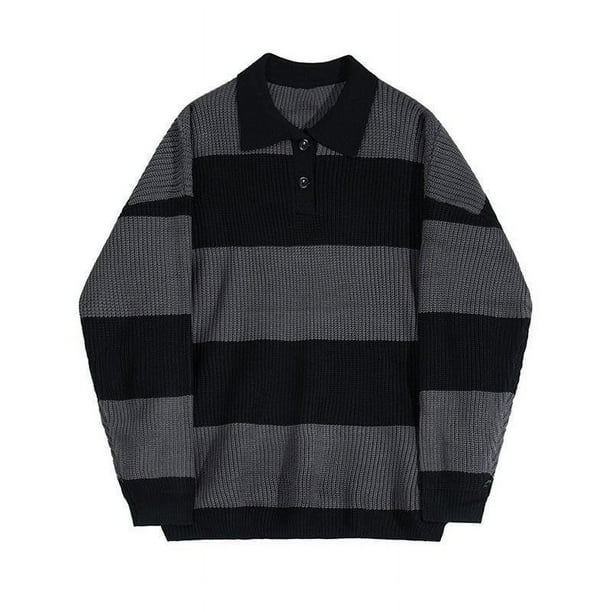 Suéter tipo polo a rayas de colores contrastantes, estilo otoño e invierno, suéter de solapa moderno, top informal holgado