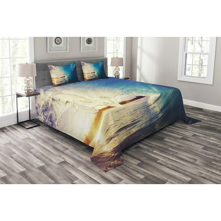 Coastal Life Bedding Ocean Bedspread Set, Sunrise on Waves Surfer Perspective Surreal Coastal Charm Sports Lifestyle Scene, Decorative Quilted Coverlet Set with Pillow Shams Included, Blue Pale Mauve, by Ambesonne ()