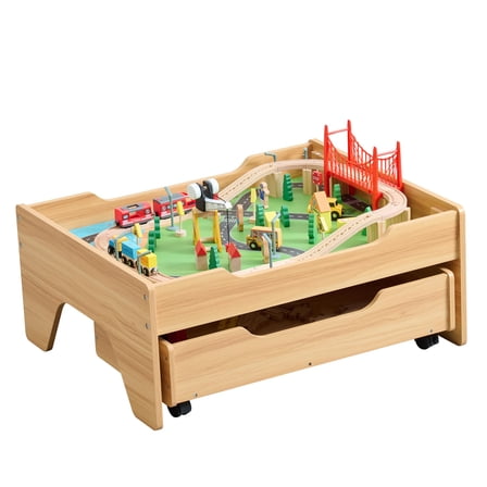 Train Table, 3-in-1 Wooden Kids Train Table with Storage Drawer, Rolling Kids Activity Table with Wheels, Toddler Train Track Table DIY Design for Gaming, Drawing, Building