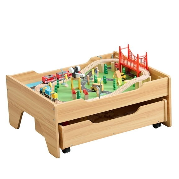 Train Table, 3-in-1 Wooden Kids Train Table with Storage Drawer, Rolling Kids Activity Table with Wheels, Toddler Train Track Table DIY Design for Gaming, Drawing, Building