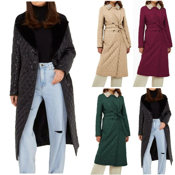 Lovskoo Womens Winter Coats Quilted Jacket Warm Clothes Plus Size Lapel Cotton Padded Coat Long Sleeve Jacket Black