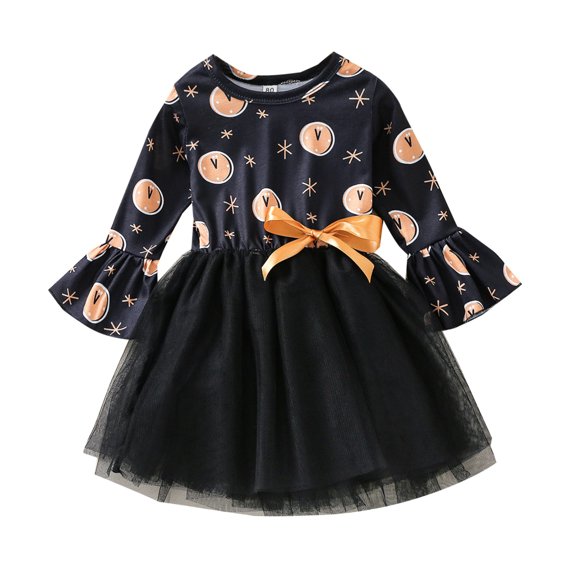 Yidarton 2022 European And American Girls Autumn Children's Skirt New Year Clock Printed Bow Stitching Mesh Long Sleeve Dress 120cm
