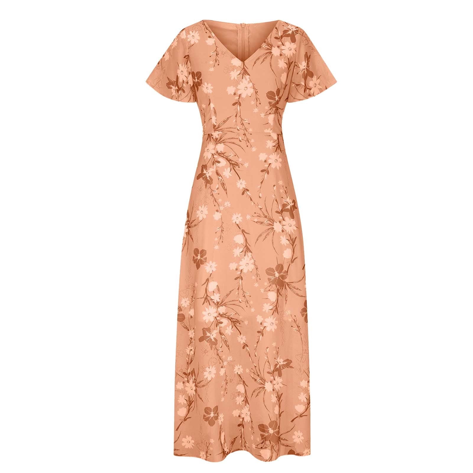 JYLPZYR Petite Summer Dresses For Women Women'S Fashionable Summer Casual Floral V Neck Short Sleeved Long Dress Long(Orange,XXL)
