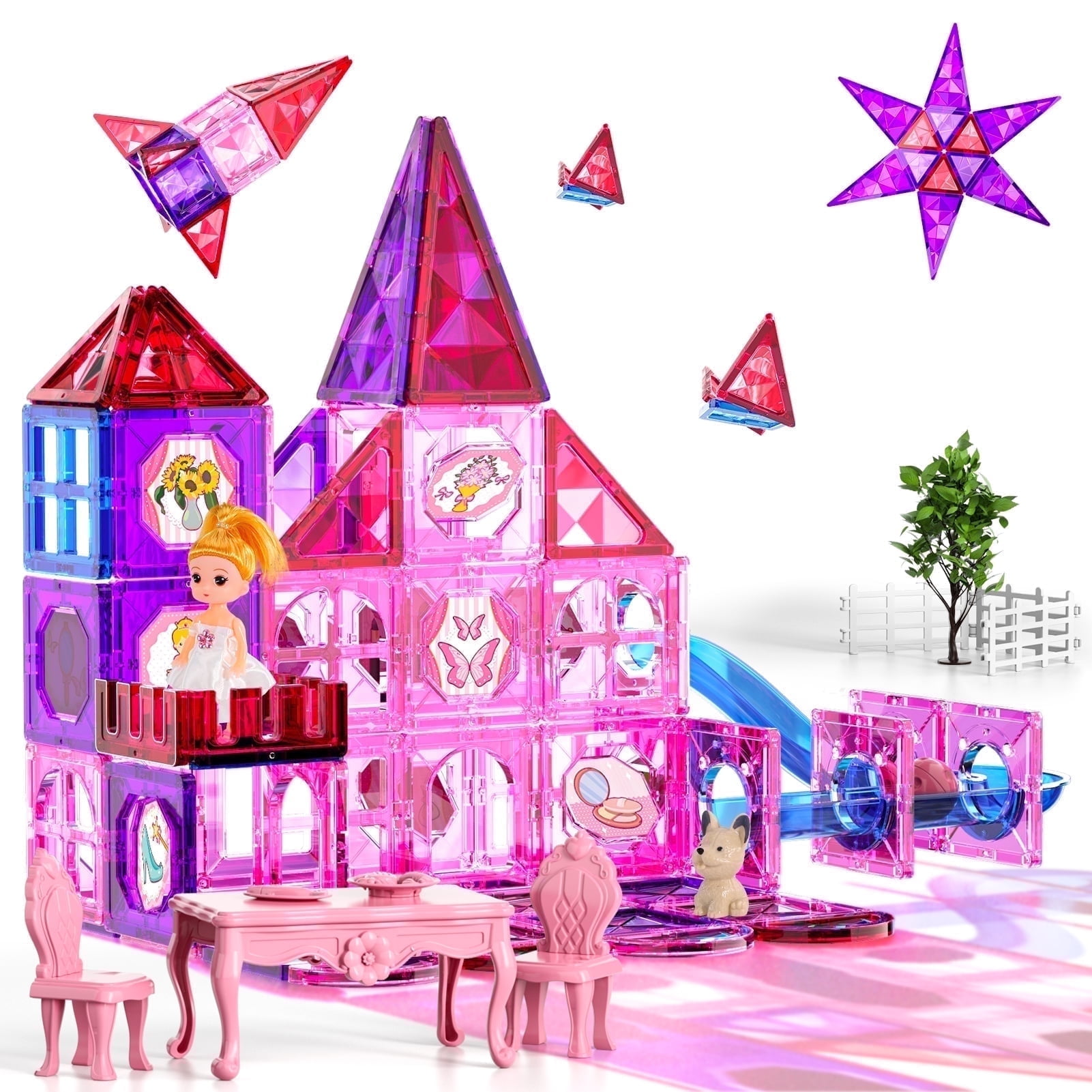 Lucky Doug 66 PCS Magnetic Tiles for Kids Girls, Construction STEM Building Blocks Educational Toy, Building Toys for Girls Ages 3+