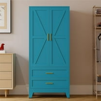 71'' Farmhouse Metal Wardrobe Cabinet with Hanging Rod, 2 Barn Door Wardrobe Closet with Adjustable Shelves,2 Drawer,for Dining Room,Bedroom,Living Room, Cloak Room,Office (Peacock Blue)