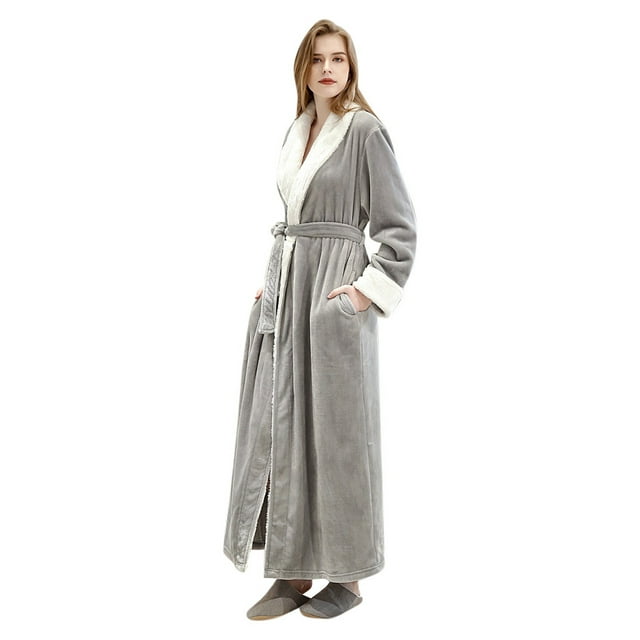 Pyjama en Molleton pour Femmes, Peignoir Épais en Molleton Corail à Empiècements, Robe de Chambre, Pyjama, Tenue de Nuit, avec Poche, Long Peignoir pour Femmes