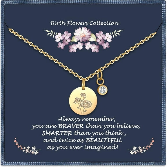 Birthday Gifts for Her Birth Flower Necklaces, 18K Gold Plated Dainty Birth Month Floral Birthstone Disc Coin Pendant Necklaces | Women Wildflower Jewelry Gifts for Valentines Anniversary