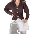 thumbnail image 3 of Cropped Cardigan Sweaters for Women V Neck Long Sleeve Gold Button Down Knit Cardigan Tops Brown L, 3 of 9