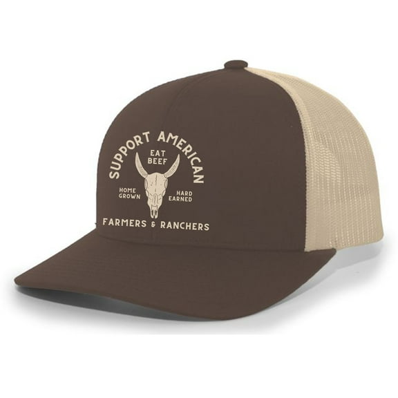 Support American Farmers Eat Beef Cattle Skull Farm to Table Mens Embroidered Mesh Back Trucker Hat, Brown/Khaki