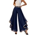 thumbnail image 2 of Women's Fashion Color Block Chiffon Wide Leg Flare Pants, High Waisted with Irregular Ruffle Hem, Casual Dress Trousers for Summer Daily Outfits Navy M, 2 of 5