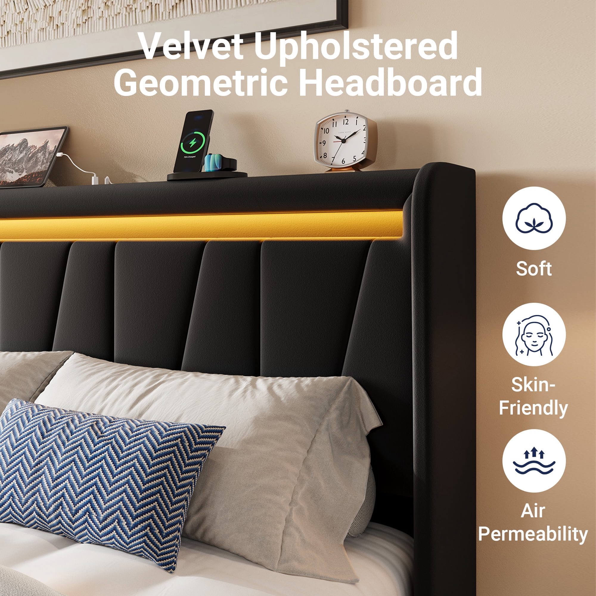 Allewie Full Size LED Bed Frame with Charging Station, Velvet Upholstered Platform Bed with Geometric Wingback Headboard, Black