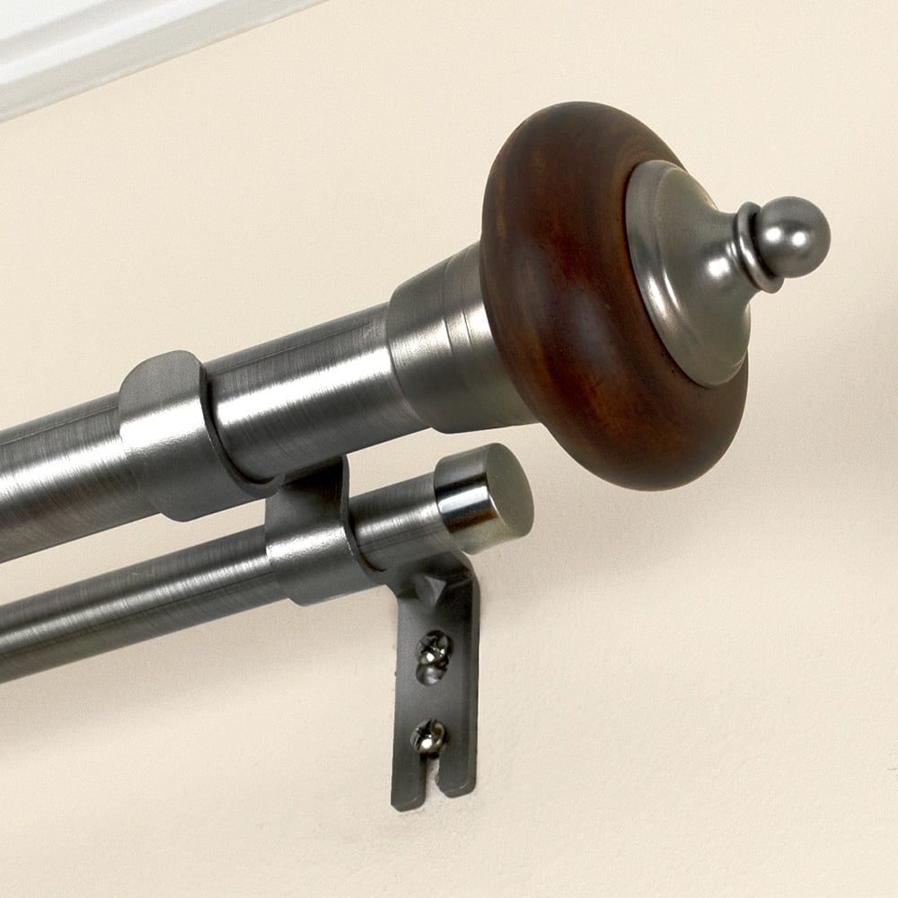 Lumino 1" and 5/8" Plated Pewter/Espresso Pratt Knob Adjustable Double Curtain Rod Set, 42"-120"