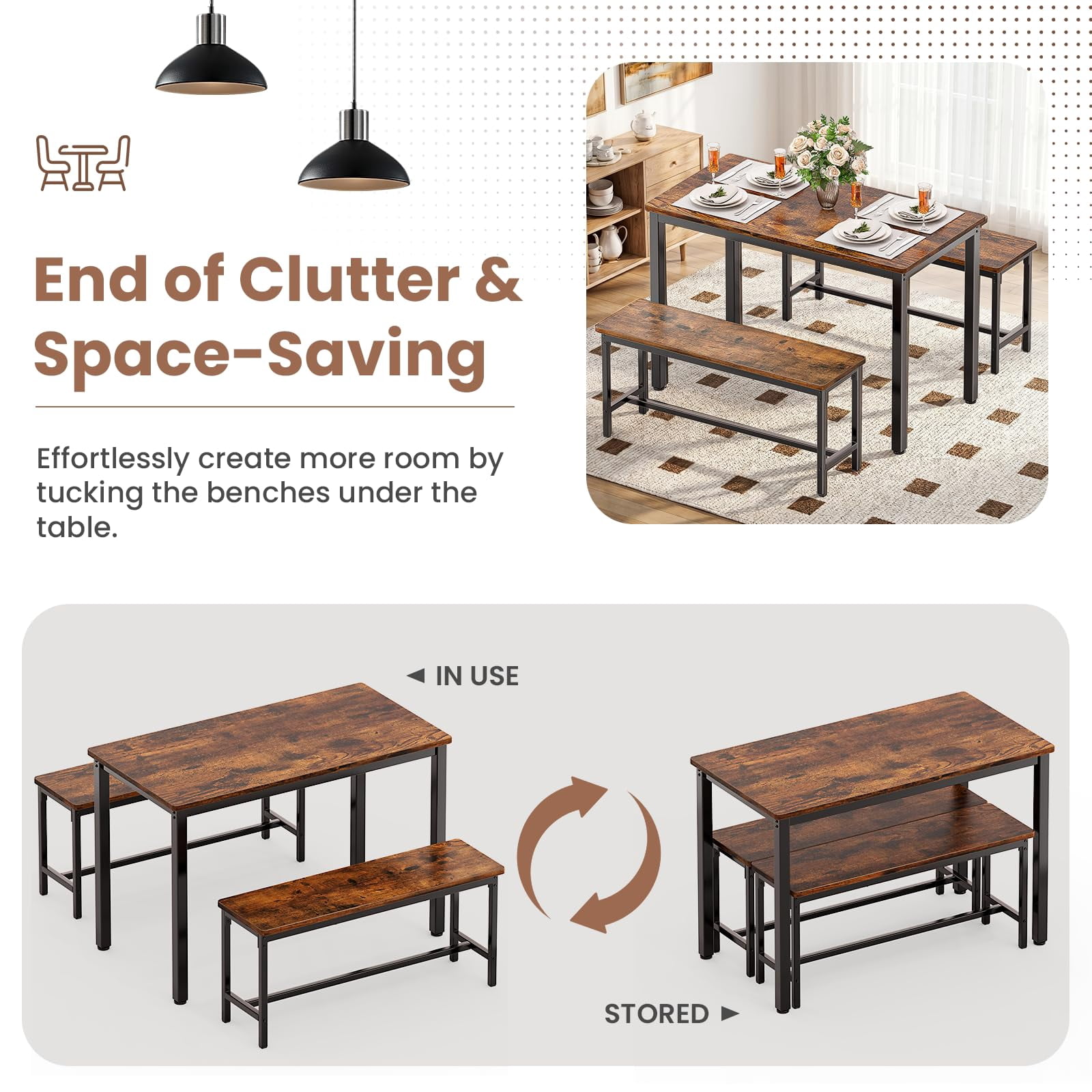 3 Piece Dining Room Table, Kitchen Dining Table Set with 2 Benchs for Apartment Breakfast Nook and Samll Space, Brown