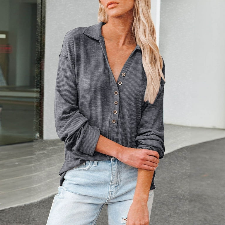 NKOOGH Collared Work Shirts for Women Cotton Active Tops Women Women Loose Lapel Shirt Knit Long Sleeve Solid Color Long Sleeve Top Half Button Casual
