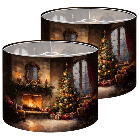 Lampshades 2 Pack Vintage Christmas Tree Cottagecore Holiday Season Fireplace 13"x13"x10" Light Shade for Table Lamps Floor Lamps Drum Lamp Shades Lampshade Replacement Easy Assembly Gift for Mom