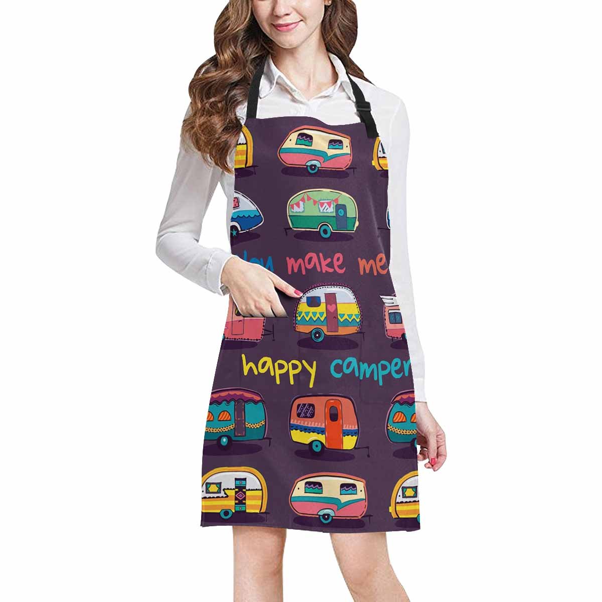 ASHLEIGH Funny You Make Me Happy Camper Motivational Quote with Retro Caravans Home Kitchen Apron for Women Men with Pockets, Unisex Adjustable Bib Apron for Cooking Baking Gardening