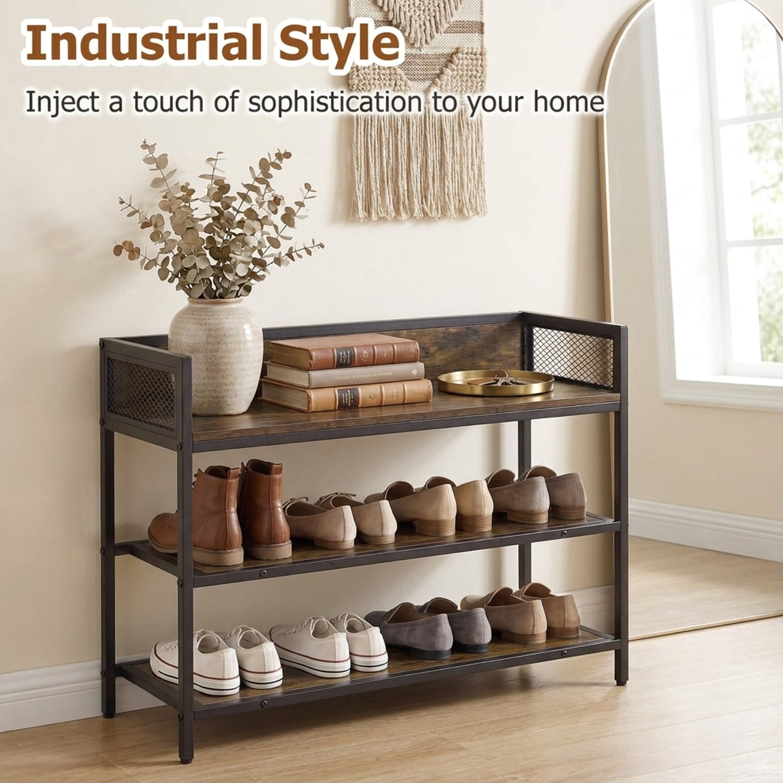 Furnibear 4 Tier Industrial Shoe Rack Organizer with Heavy Duty Metal Frame and Anti Toppling Kit for Entryway Hallway and Closet, Rustic Brown