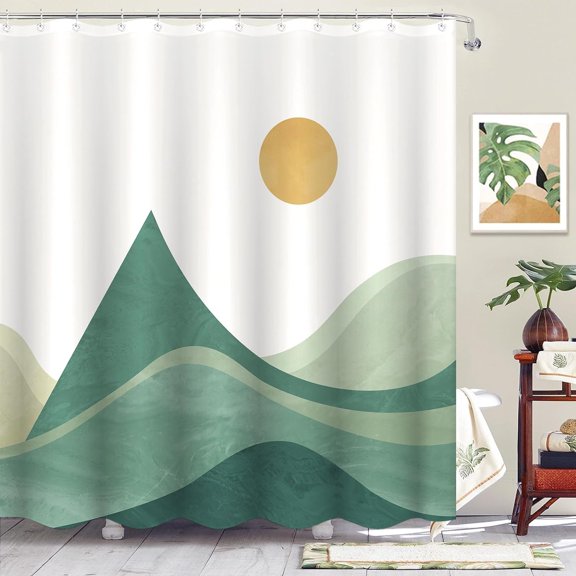 Boho Shower Curtain Bathroom Moutain Shower Curtain Set Waterproof Fabric Bathroom Set with 12 Hook (72.00" x 72.00", Green)