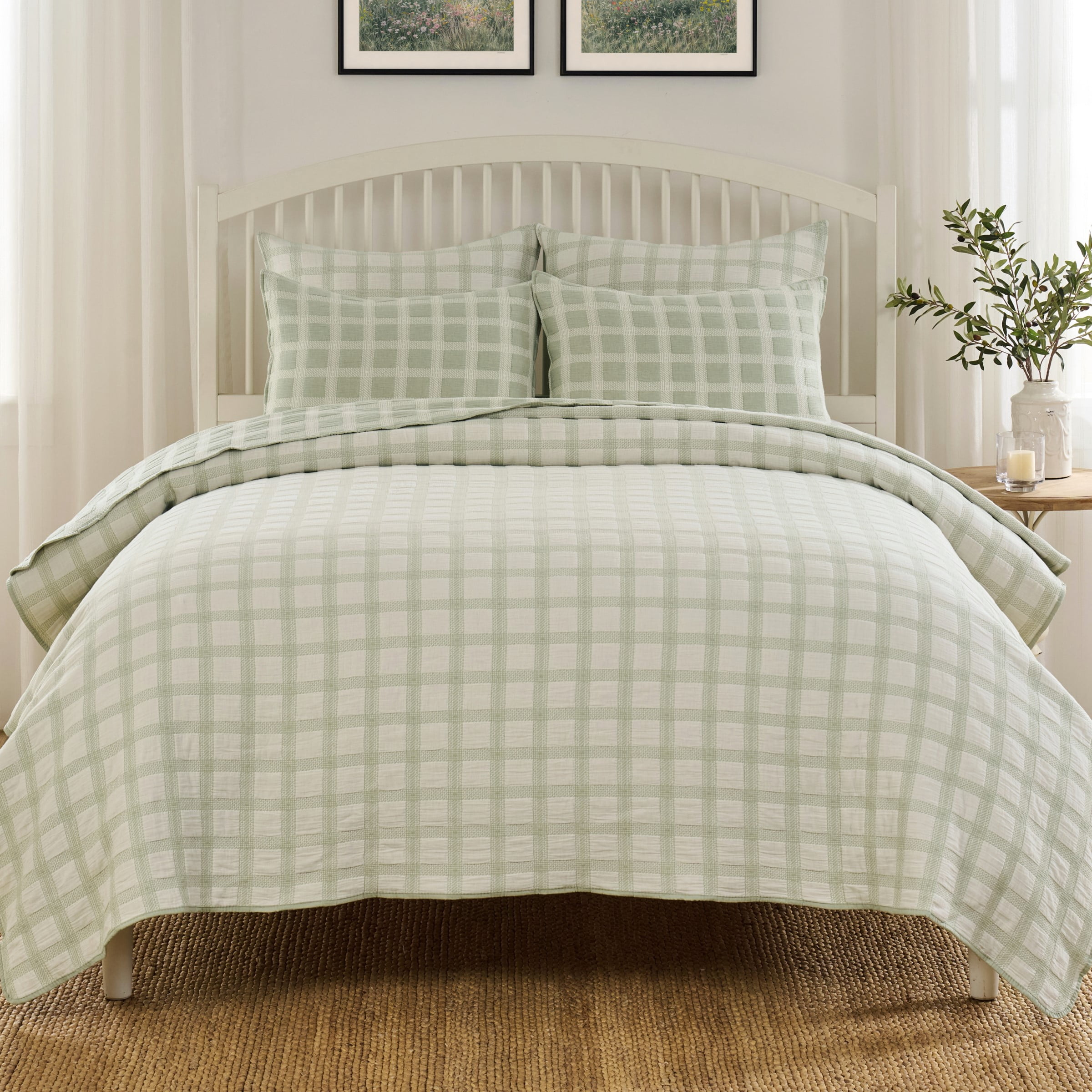 Greenland Home Fashions Millhouse 100% Cotton Lightweight Reversible Coverlet Set, 3-Piece King/Cal King, Adult, Sage