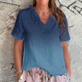 thumbnail image 2 of Dyfzdhu Linen Blouses for Women Casual Short Sleeve Vintage Gradient Print Ruffled V Neck T Shirt Lightweight Loose Fit Summer Tops Rose Gold, 2 of 3