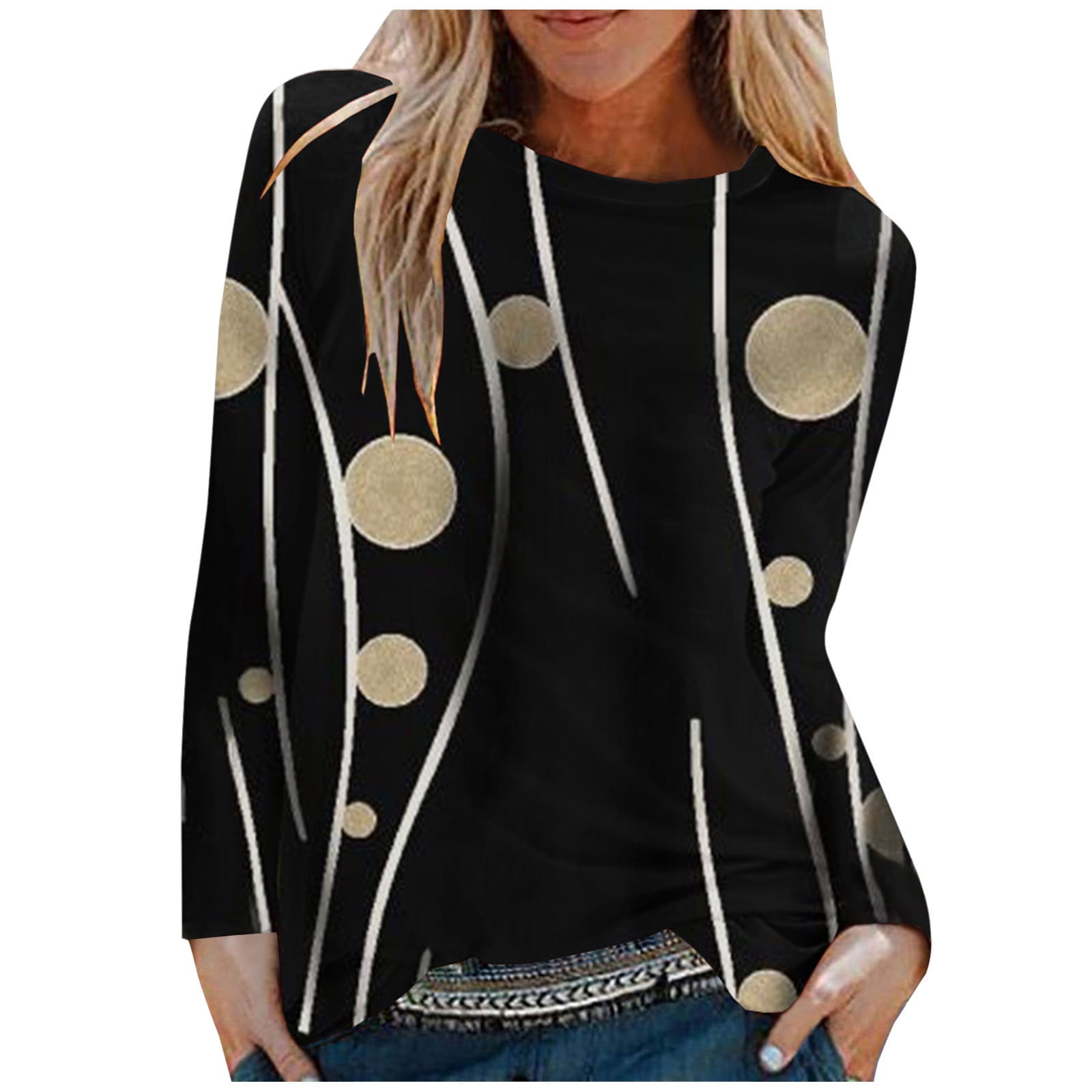 Tops for Women Round-neck Long Sleeve Casual Fashion T-shirt With Cute Printing Comfortable Hang Out Soft Ladies Blouse (Large, White)