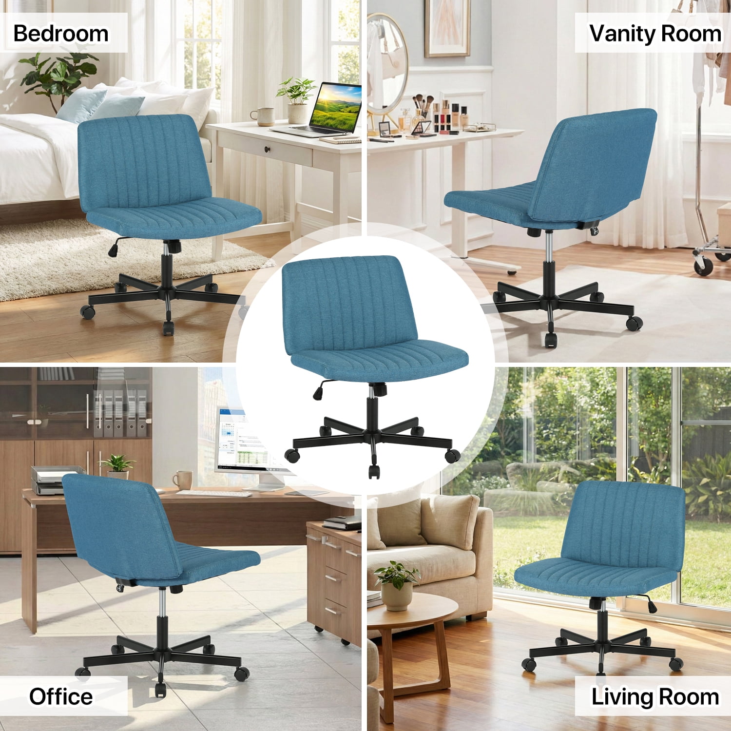 NiamVelo Vanity Chair with Wheels Criss Cross Chair Wide Desk Chair Armless Office Chair Adjustable Swivel Chair for Home Office, 250LBS Weight （Blue）