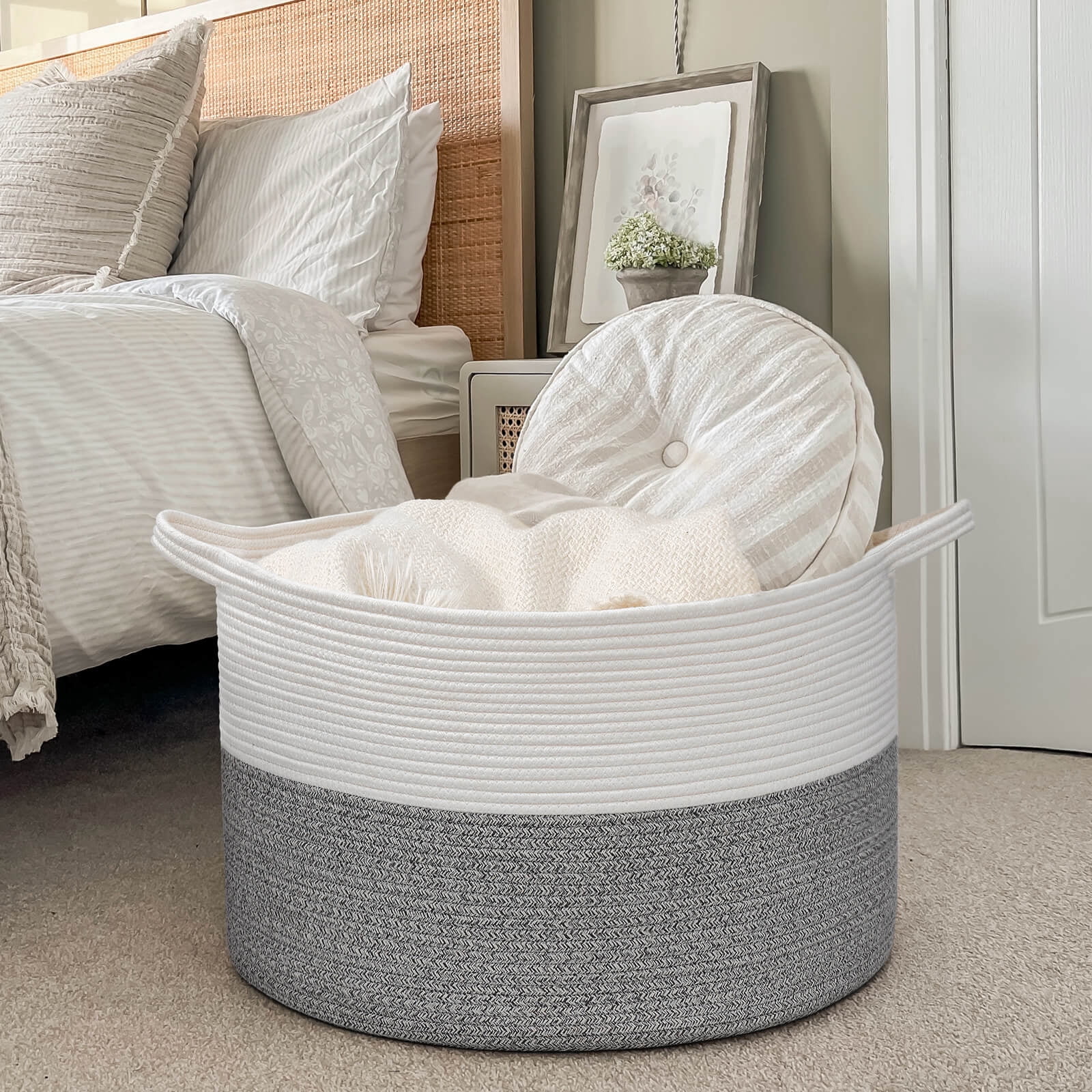 Timeyard Large Woven Laundry Hamper Basket - Decorative Storage Organizer for Living Room, Holds Toys Pillows Blankets Clothes - 21.7" x 21.7" x 13.8"-Light Grey