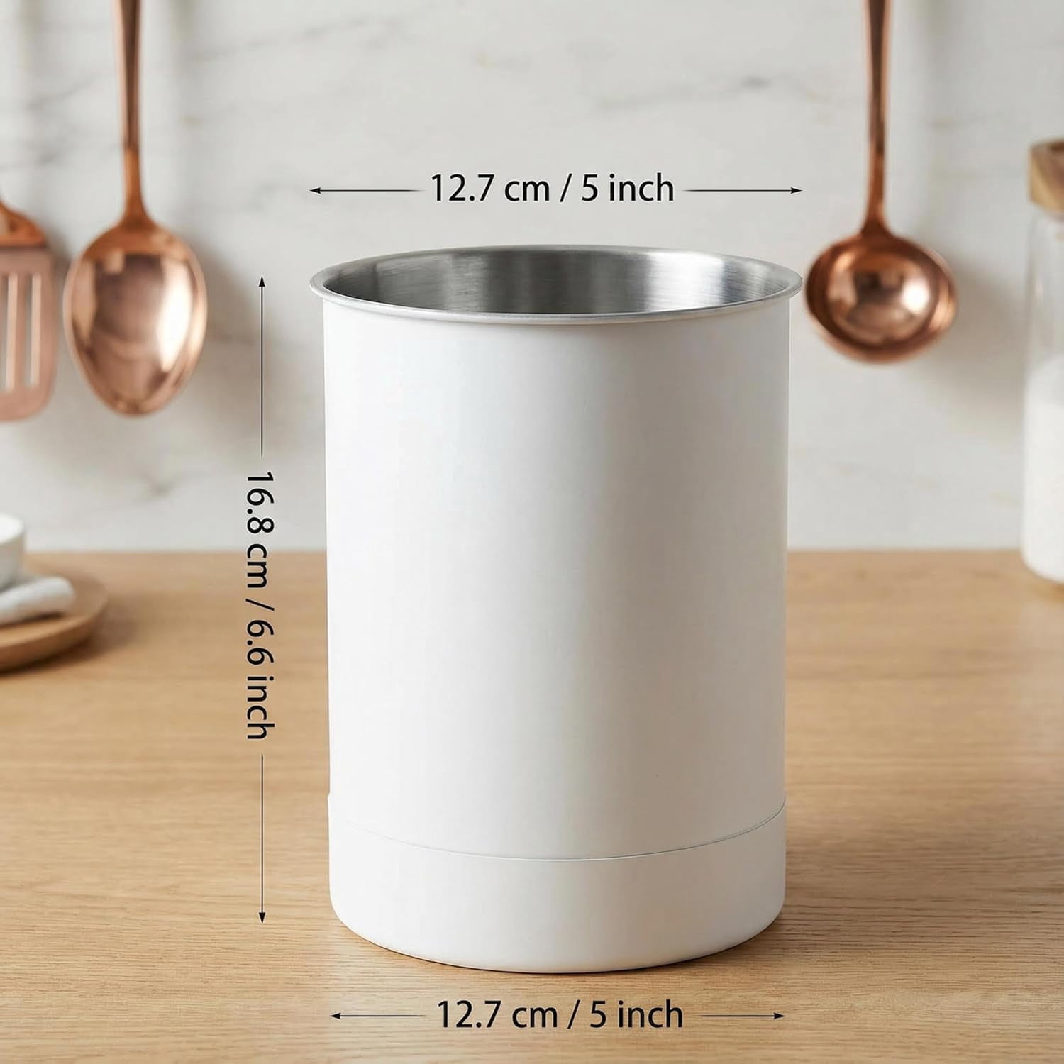 KSENDALO Stainless Steel Utensil Holder Set of 3 - 6.6* 5inch Round Kitchen Caddy, Crock, and Organizer for Cooking Spoons, Silverware, and Spatulas - Stylish Metal Container for Countertop, White