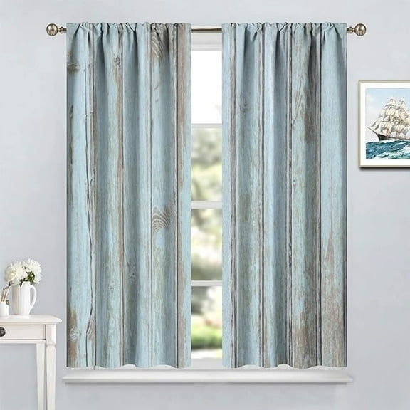 Vintage Style Kitchen Curtains,Rustic Country Farmhouse Barn Door Grey Blue Wood Planks Texture Print Rod Pocket Window Drapes For Living Room Bedroom 26"W x 45"L (Pack of 2)