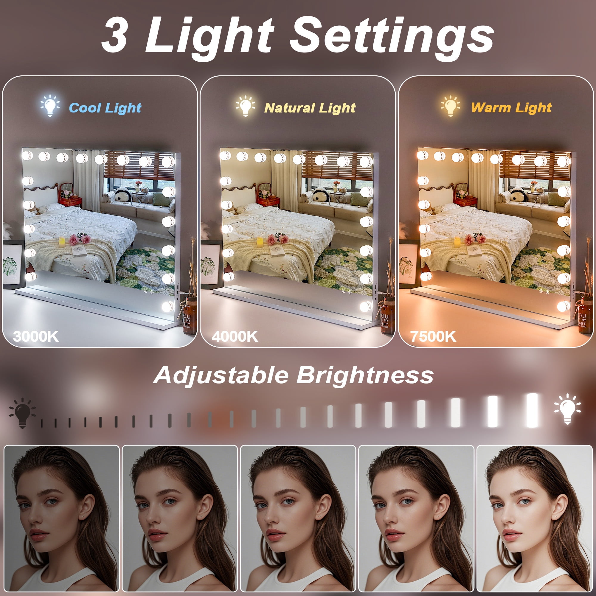 Jopath 31.5"x22.8" Vanity Mirror with Lights,Dimmable 3 Color Modes,Table/Hanging Bluetooth Speaker Mirror with Touch Screen & USB Charge Port for Dressing Table,White