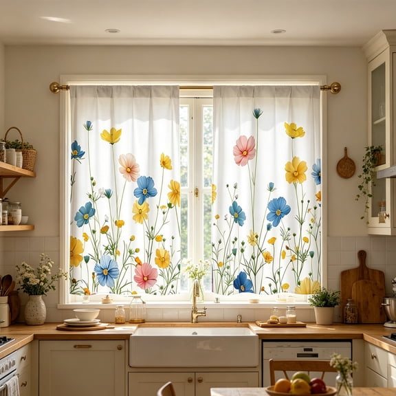 Celsvanis 2pcs Printed Kitchen Curtain, Short Translucent Floral Butterfly Romantic Window Drape, Spring Summer Decor For Home Kitchen Coffee Decoration 39"x27.5"