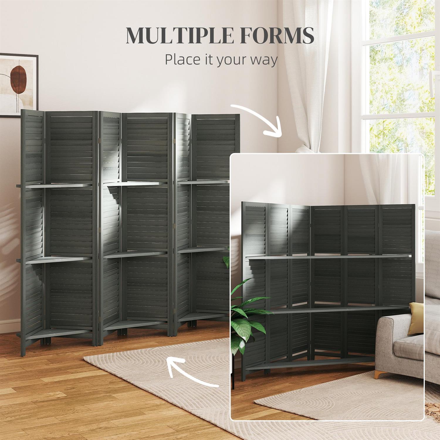 Demi Bonn 67" Tall Wood Privacy Screen Room Divider with 6 Panels, 3 Shelves, Folding Storage for Bedrooms, Gray