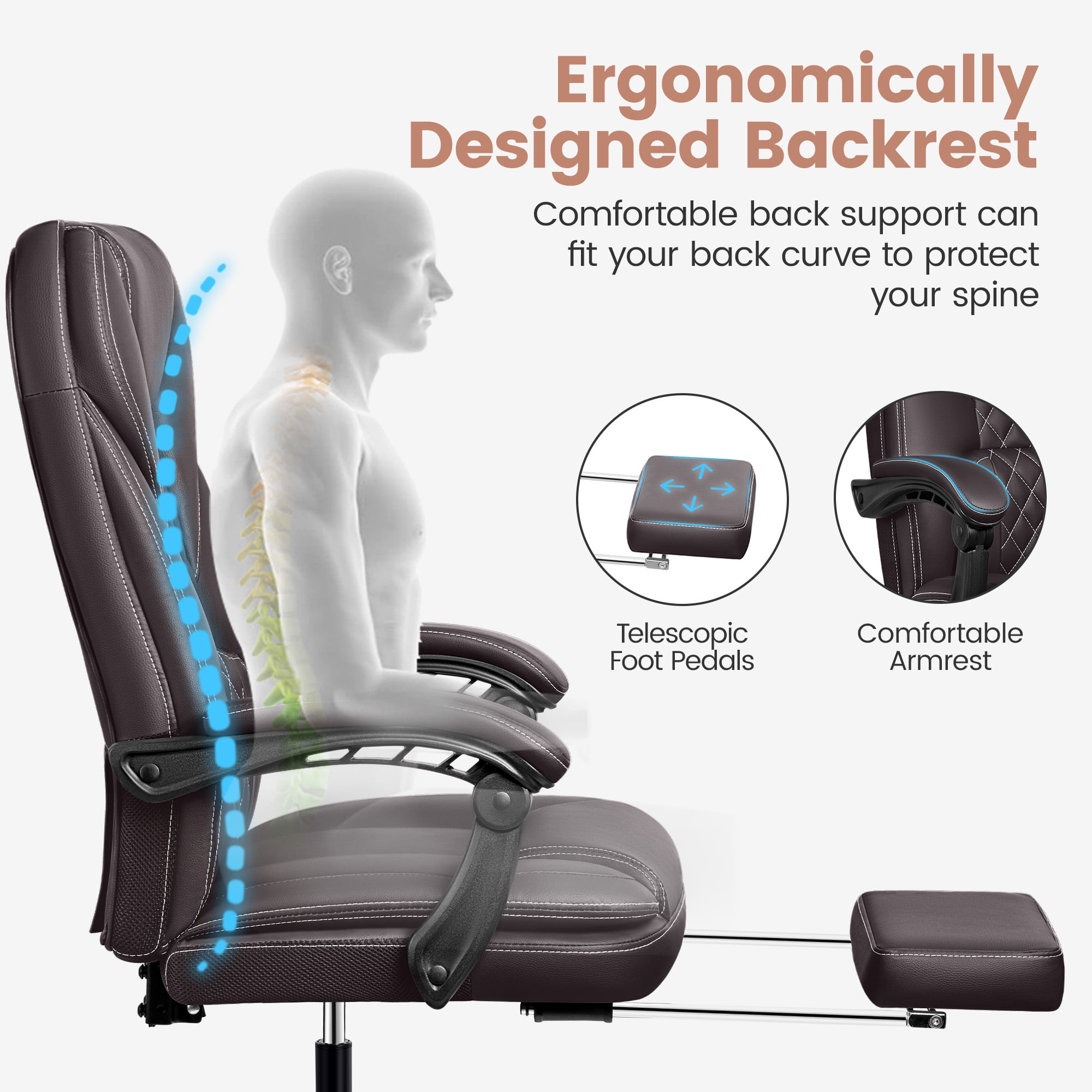 COOLHUT Executive Office Chair, Big and Tall Office Chair with Footrest Reclining Faux Leather Chair High Back Lumbar Support Ergonomic Office Chair with Padded Armrests, Coffee
