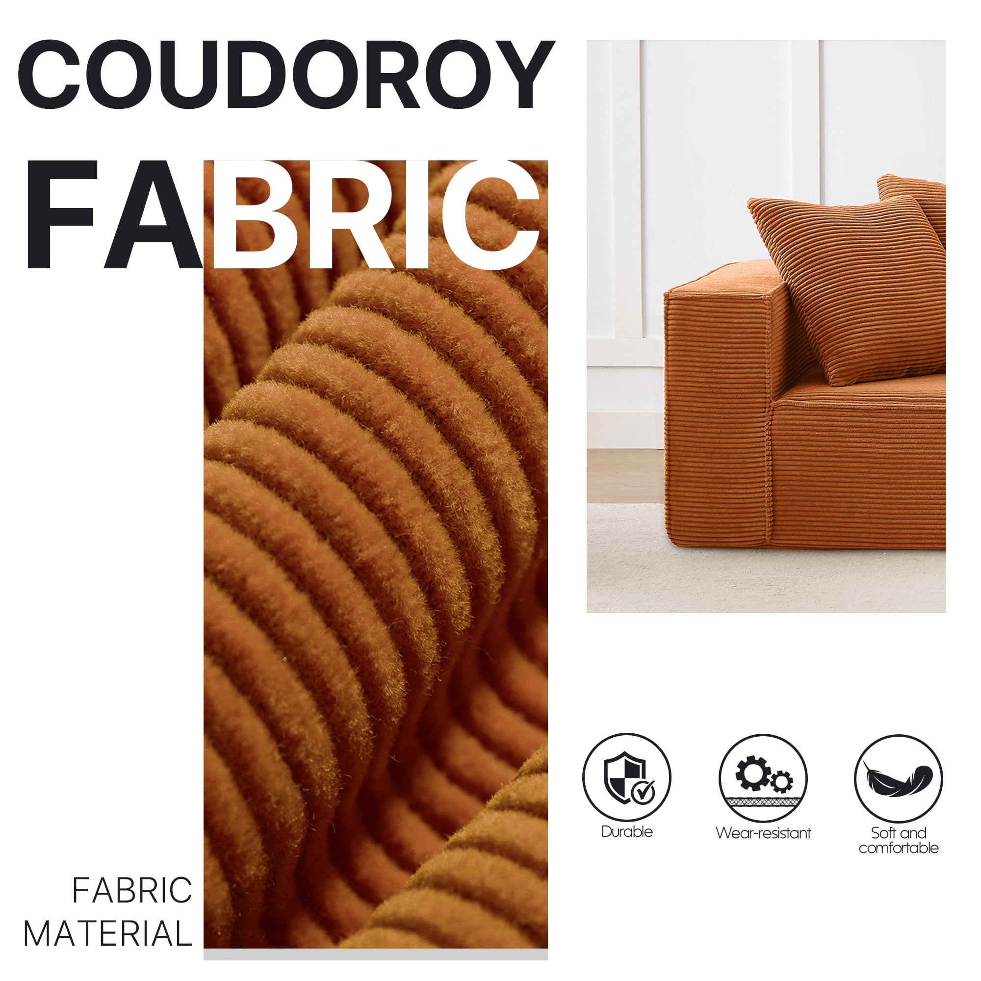 Aukfa 89" Upholstered Sleeper Sofa Couch, Corduroy Living Room Sofa,5 Pillows, Assemble-Free,Orange