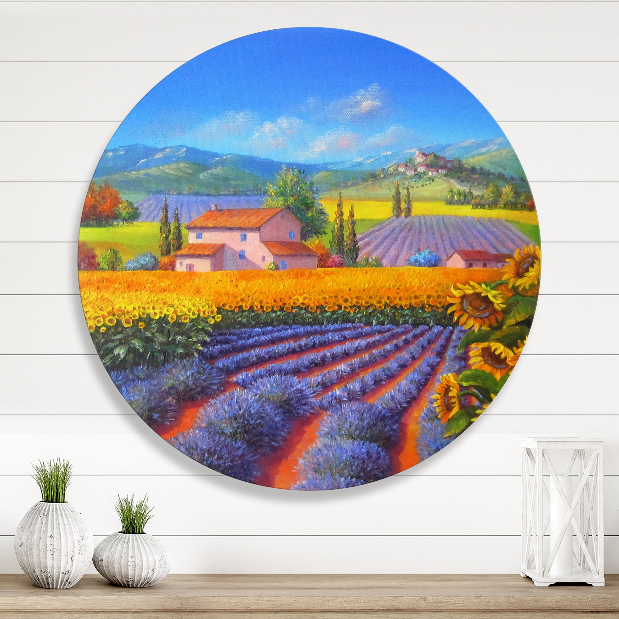 Designart 'Sunflower and Lavender Fields' Traditional Circle Metal Wall Art 11x11 - Disc of 11