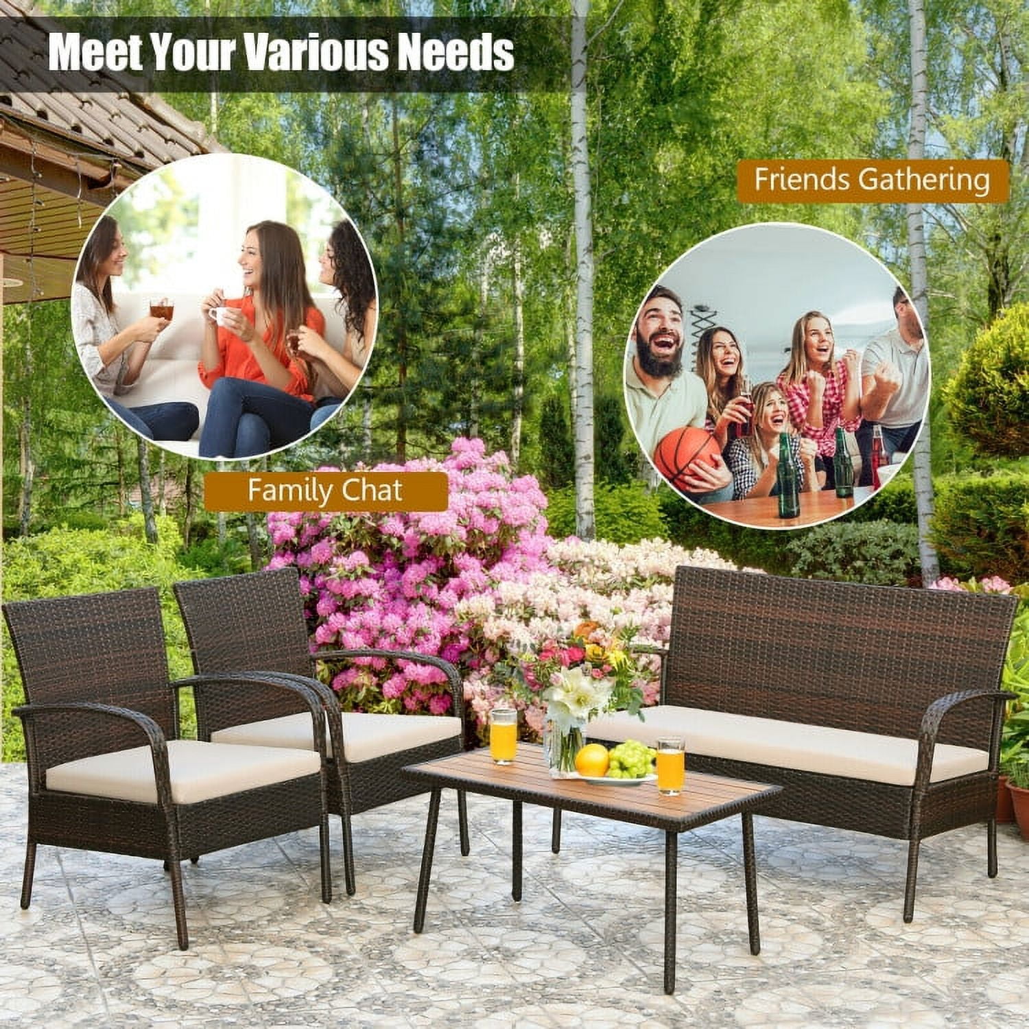 Aimee Lii 4 Pieces Patio Cushioned Wicker Conversation Set, Outdoor Sectional Set with Acacia Wood Tabletop Aimee Lii 4 Pieces Patio Cushioned Wicker Conversation Set, Outdoor Sectional Set with Acacia Wood Tabletop