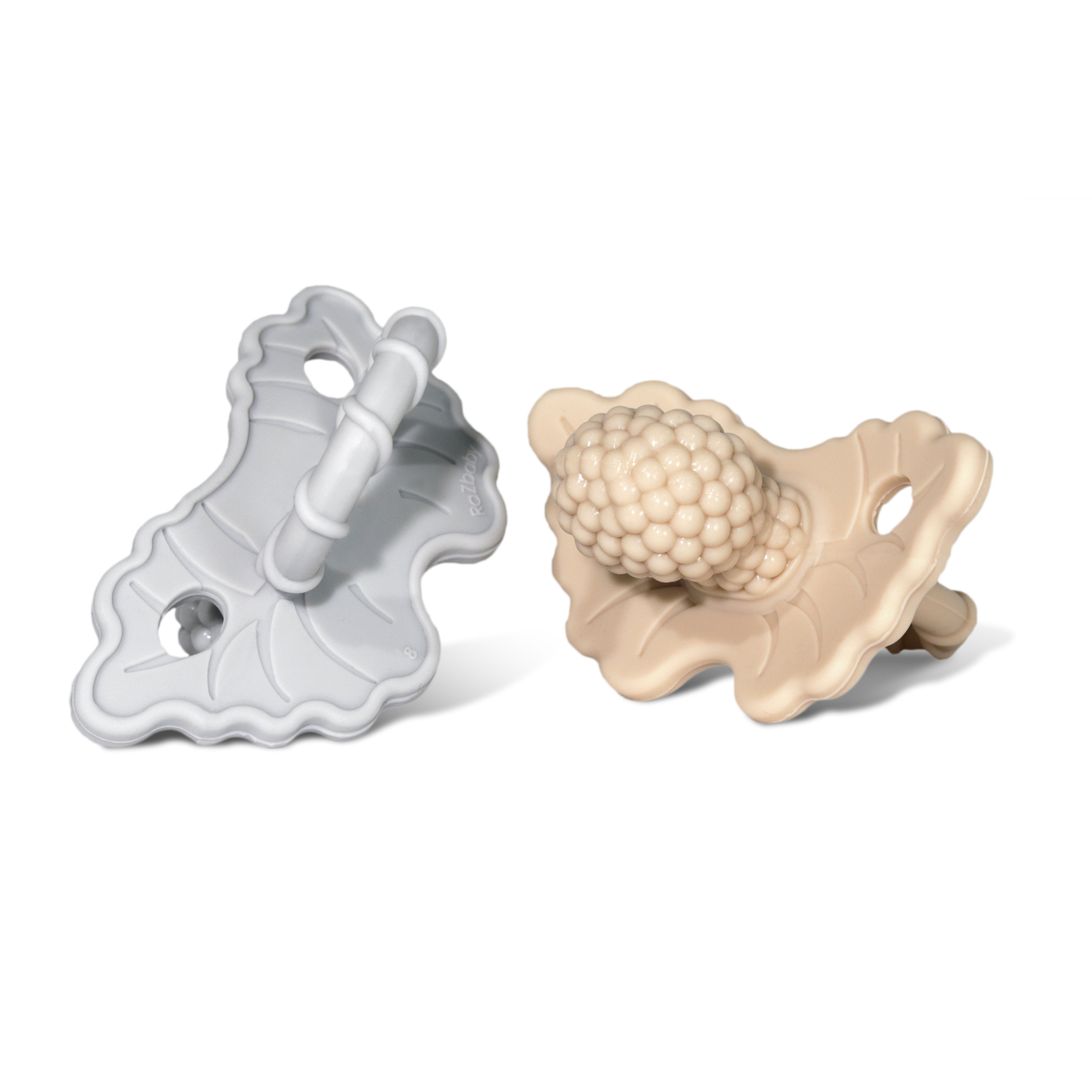 RaZbaby RaZberry Silicone Baby Teether Toy (2-Pack) - Teething Relief Pacifier Tan/Grey