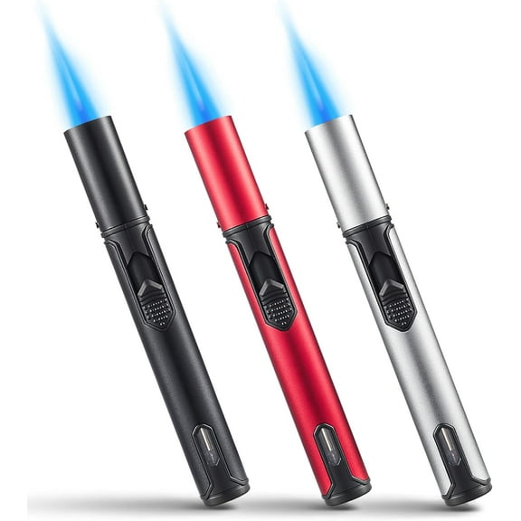 3 Pack Butane Torch Lighters, 6-inch Refillable Pen Lighter Adjustable Jet Flame for Grill BBQ Camping (Gas Not Included)