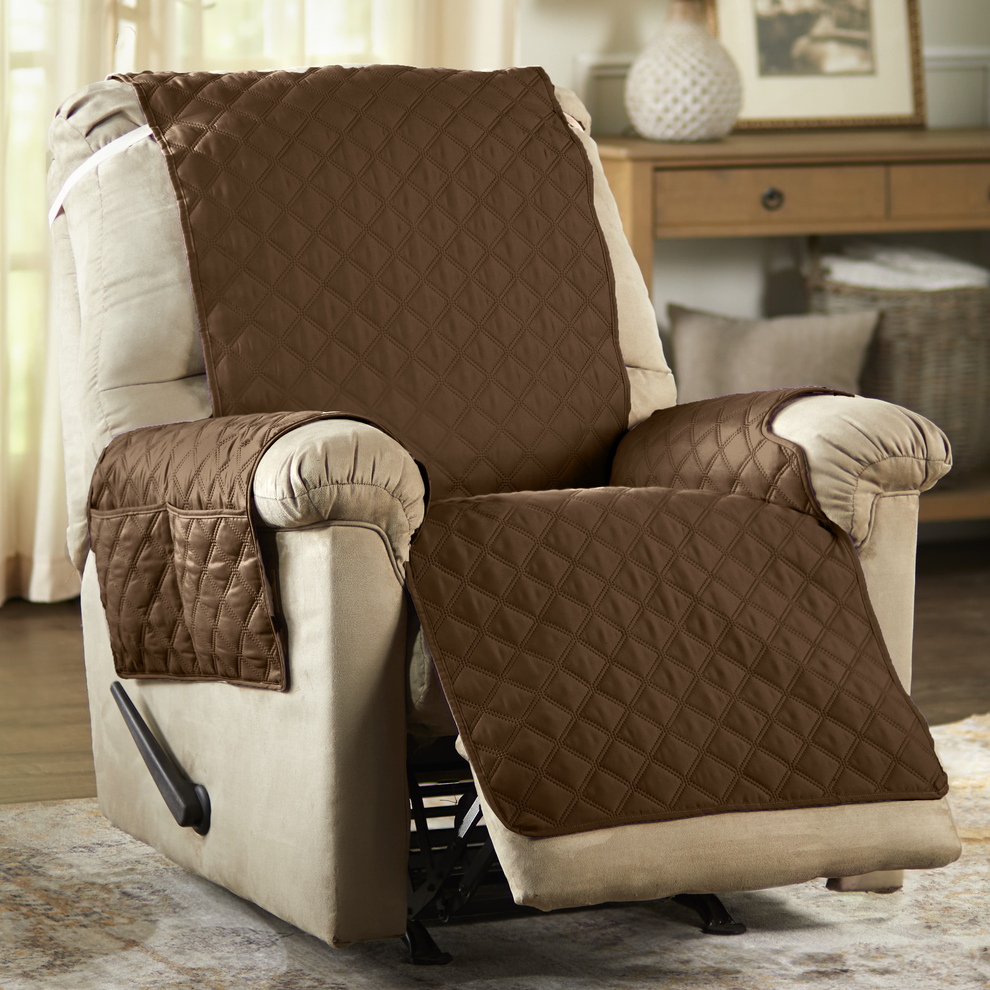 Waterproof Diamond Quilted Recliner Chair Slipcover with Strap Brown