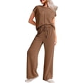 thumbnail image 2 of Women'S Two-Piece Casual Ribbed Knit Short-Sleeved Top, Wide-Leg Pants, Home Wear, Travel Sportswear Brown M, 2 of 6