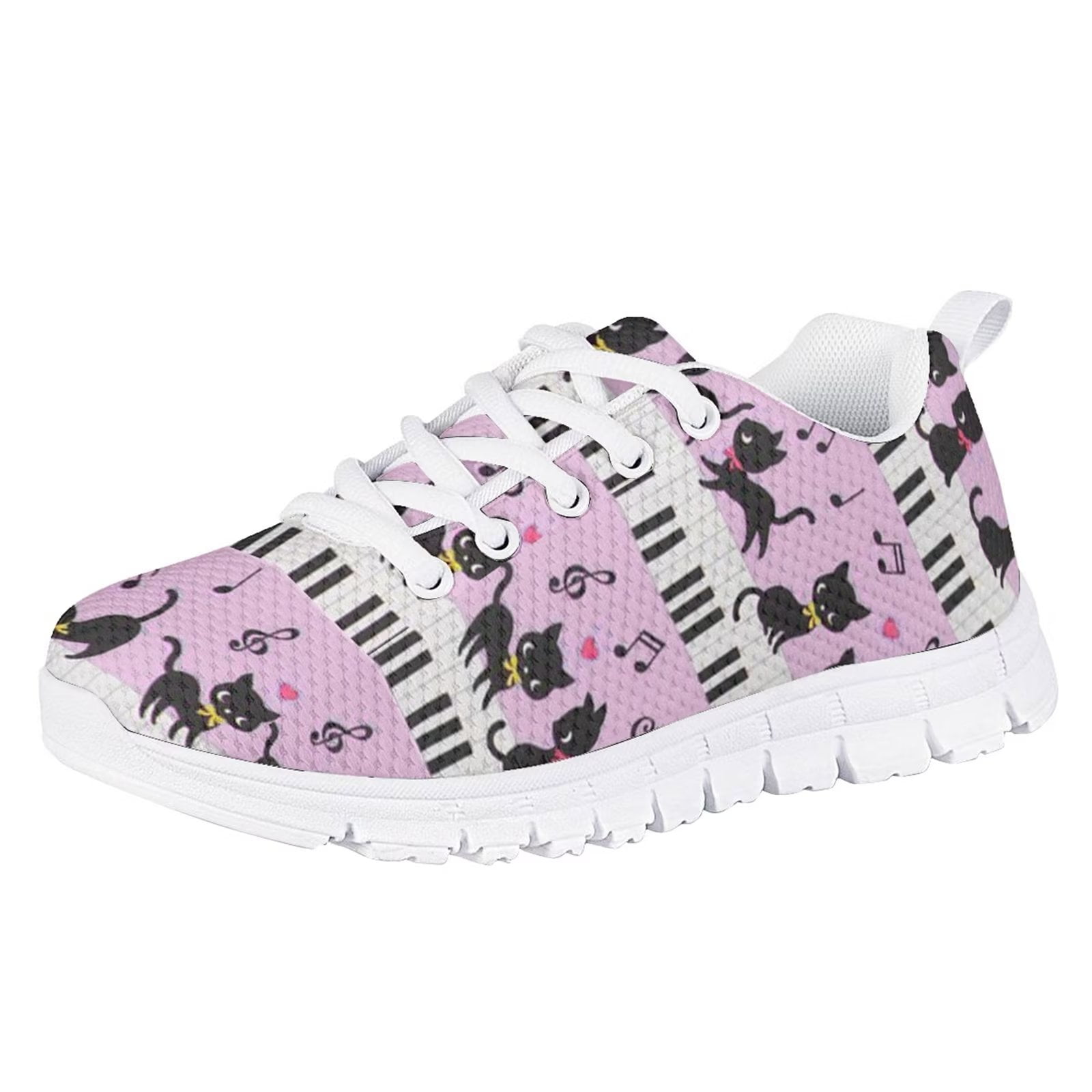 Pzuqiu Black Cat Sneakers for Girls Piano Print Kids Tennis Shoes Size