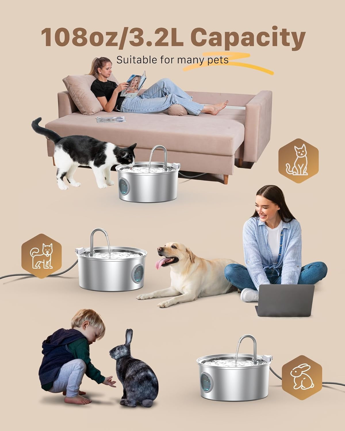 Stainless Steel Cat Water Fountain 108oz with 6 Filters and 3 Sponges, Faucet-Style Pet Drinking Fountain with Filtration System