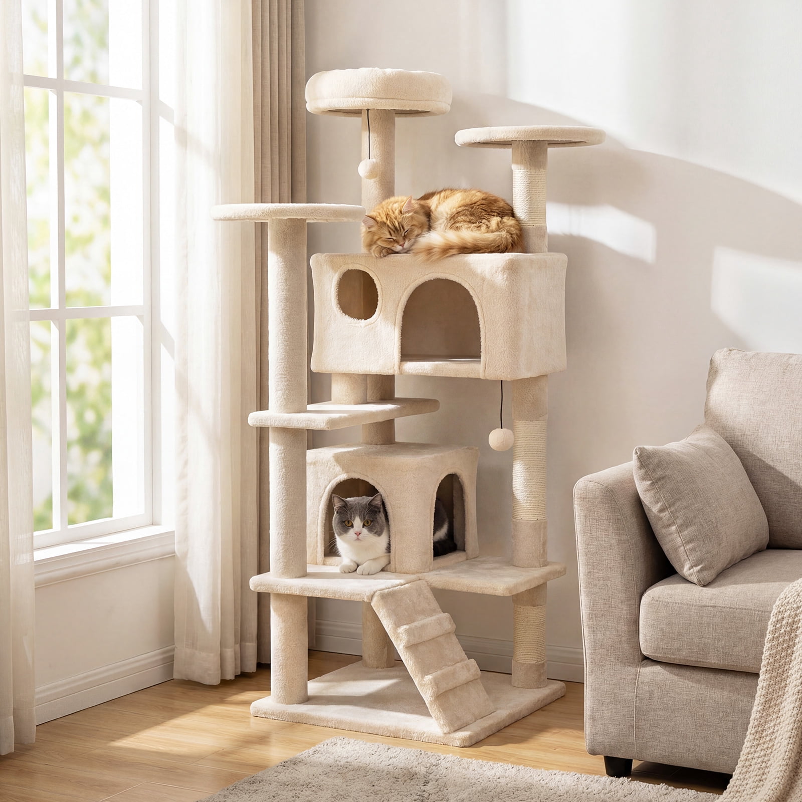 Gymax 52'' Tall Cat Tree Tower w/2 Condos Plush Padded Perch Sisal Scratching Posts Beige
