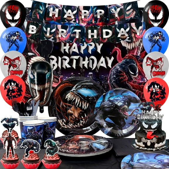 Venom Birthday Party Decoration Supplies, 113 Pcs Venom Party Supplies including Venom Cake Decorations Balloons Banners Plates Napkins Cups and Other Venom Party Decorations for Girls and Boys
