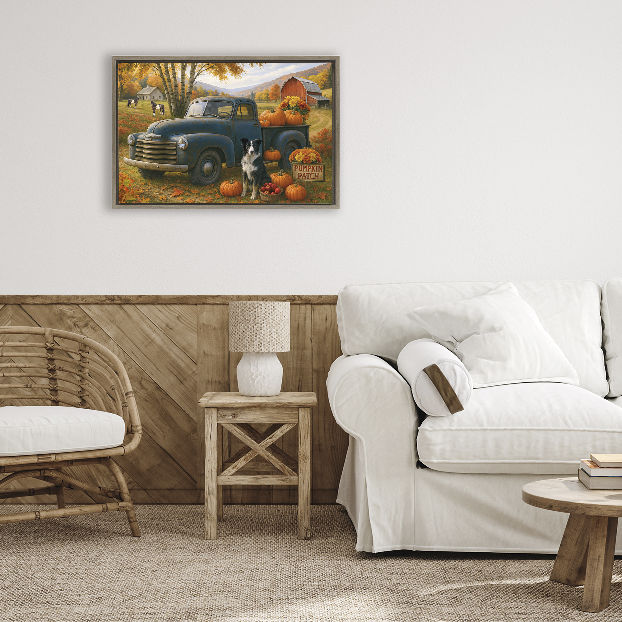 Autumnal Farmland Collie Dog Brown Framed Floater Canvas Wall Art, design by Tom Crehan