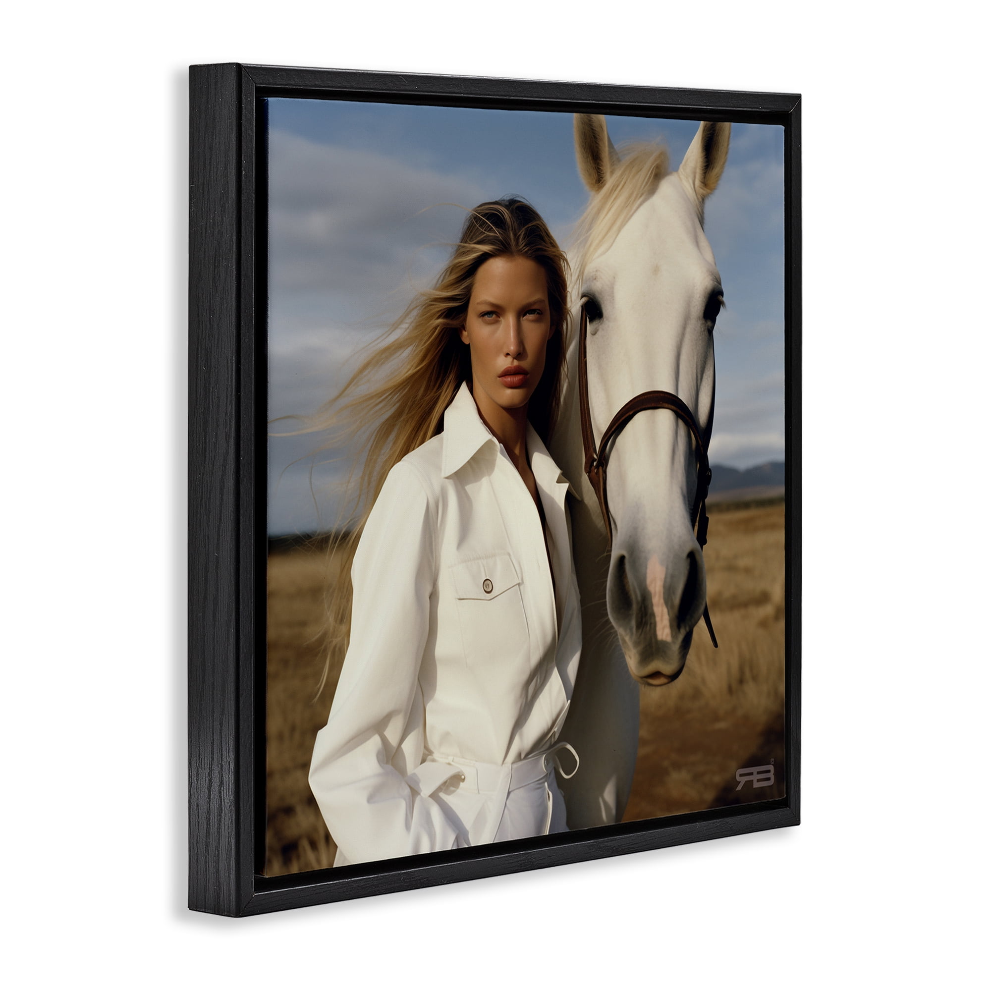 Stupell Industries Equestrian Girl & White Horse People Painting Black Floater Framed Canvas Art Print Wall Art, 18 x 18